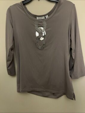 Susan Graver Taupe Sequin-Embellished Long Sleeve Top